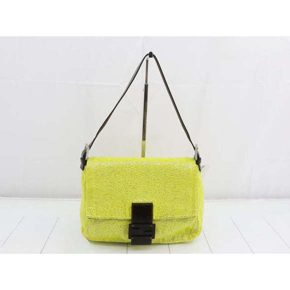 Fendi Handbags - Fendi Mamma Baguette Lemon Yellow Beaded Shoulder Bag